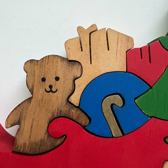 Santa Sleigh Jigsaw Puzzle Block Wood Handcrafted Christmas Figurine 3D Vintage - Picture 7 of 15